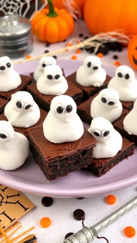 Halloween ghost brownies with marshmallow ghosts and candy eyes on a festive table.